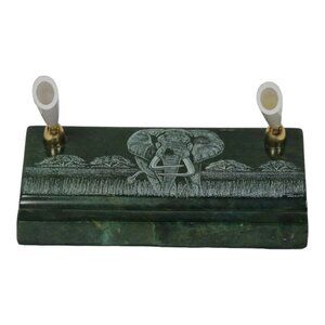 Vtg Signed African Verdite Stone Elephant Hand Crafted Etched Desk Pen Holder